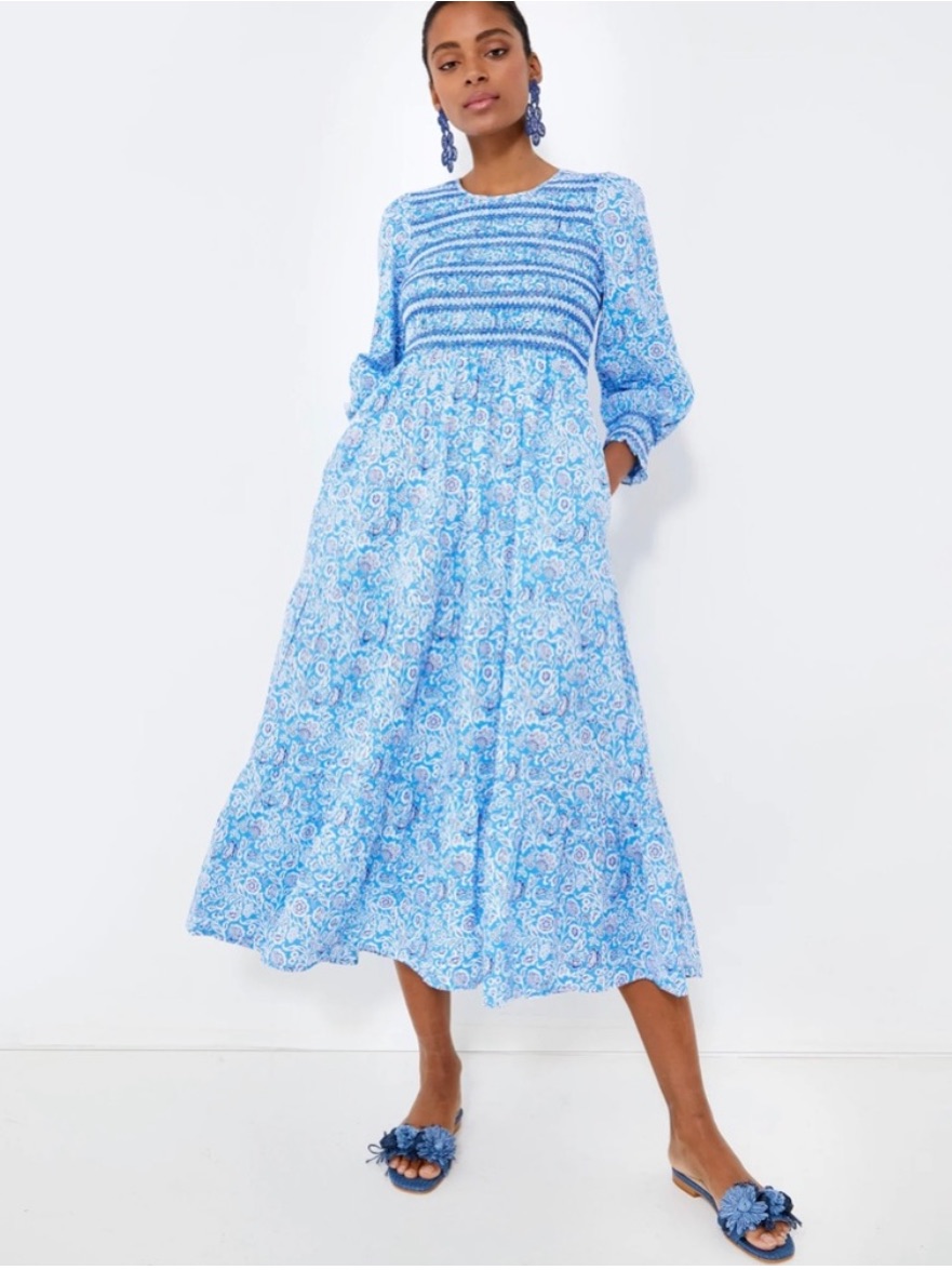 Tuckernuck Pink City Prints Blue Floral Smocked Ornate Sky Isabel Dress Sz M
